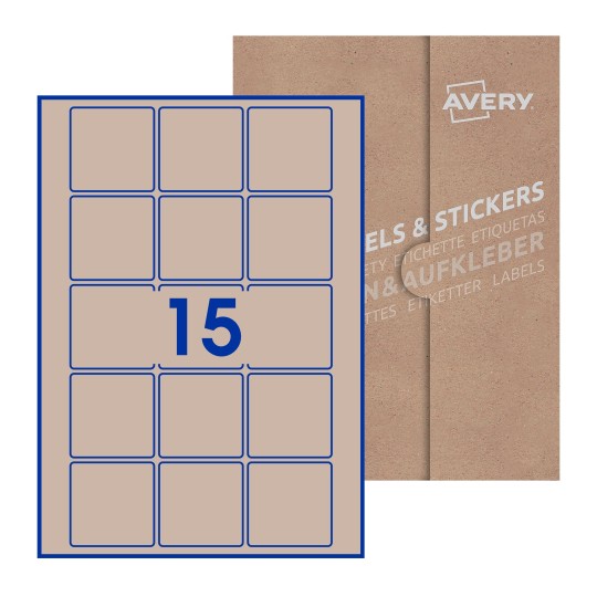 illustrazione di un foglio con 15 etichette quadrate e sullo sfondo una confezione marrone - Etichette adesive quadrate 55 x 55mm