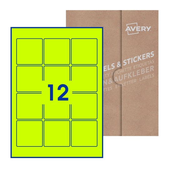 illustrazione di un foglio con 12 etichette quadrate e sullo sfondo una confezione marrone - Etichette adesive quadrate 60 x 60mm