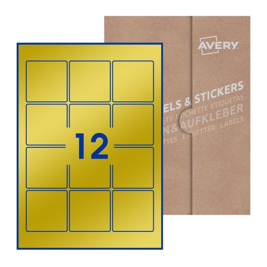illustrazione di un foglio con 12 etichette quadrate e sullo sfondo una confezione marrone - Etichette adesive quadrate 60 x 60mm