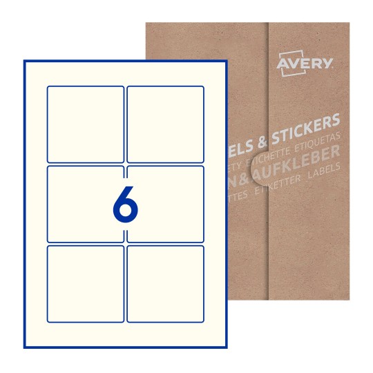illustrazione di un foglio con 6 etichette quadrate e sullo sfondo una confezione marrone - Etichette adesive quadrate 80 x 80mm 