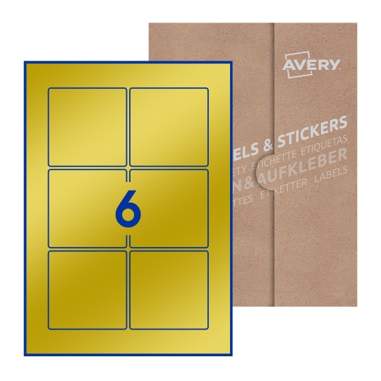 illustrazione di un foglio con 6 etichette quadrate e sullo sfondo una confezione marrone - Etichette adesive quadrate 80 x 80mm 
