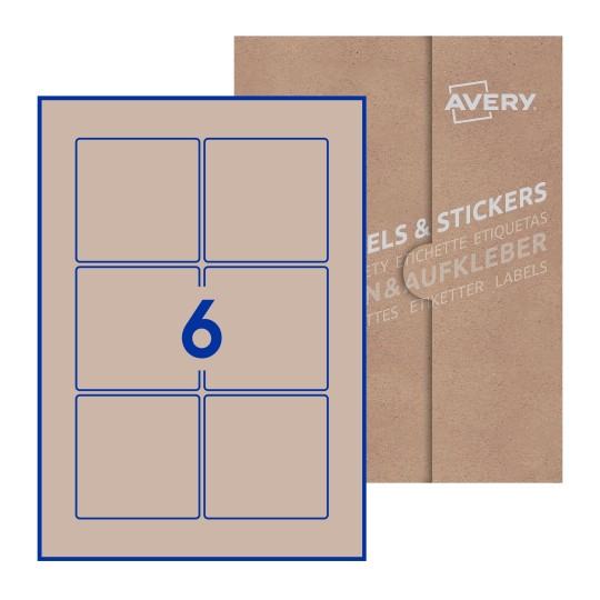 illustrazione di un foglio con 6 etichette quadrate e sullo sfondo una confezione marrone - Etichette adesive quadrate 80 x 80mm 