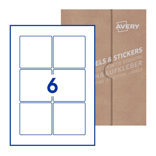 illustrazione di un foglio con 6 etichette quadrate e sullo sfondo una confezione marrone - Etichette adesive quadrate 80 x 80mm 