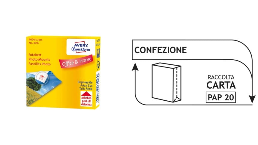 una confezione di biadesivi e le istruzioni di come riciclare la confezione