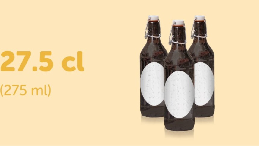 Tre bottiglie di birra con etichette bianche ovali adatte alle bottiglie da 27.5 cl