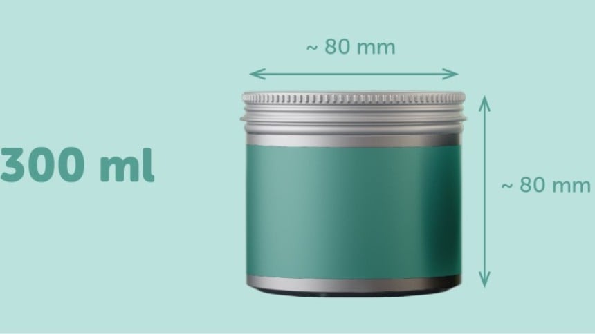 contenitore per candele da 300 ml (30 cl) con etichetta rettangolare che avvolge tutta la candela