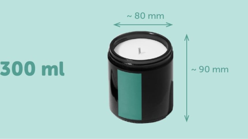 illustrazione che mostra l'etichetta rettangolare 45x75mm adatta a contenitori di candele da 300ml (30cl)