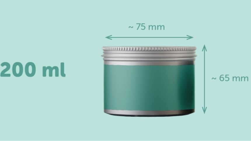 contenitore per candele da 200 ml (20 cl) con etichetta rettangolare che avvolge tutta la candela