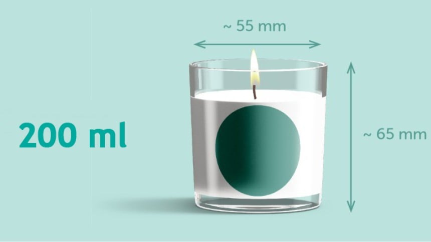 contenitore per candele da 200 ml (20 cl) con etichetta adesiva rotonda