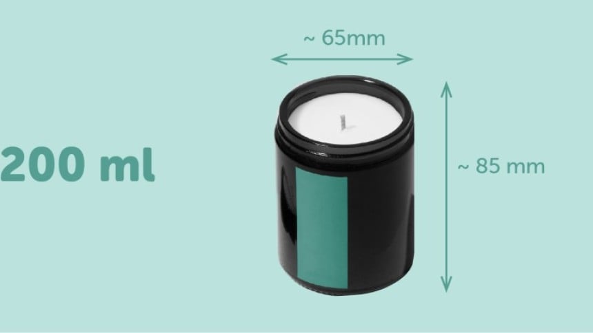 candela da 200 ml (20 cl) con applicata una etichetta rettangolare