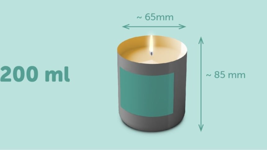 contenitore per candele da 200 ml (20 cl) con etichetta adesiva rettangolare