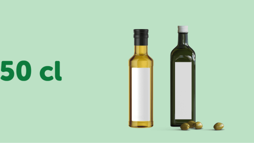 due bottiglie di olio e di aceto da 25cl con etichette adesive rettangolari