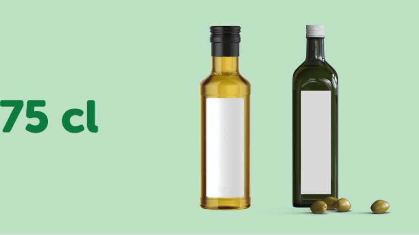 due bottiglie di olio e di aceto da 75cl con etichette adesive rettangolari