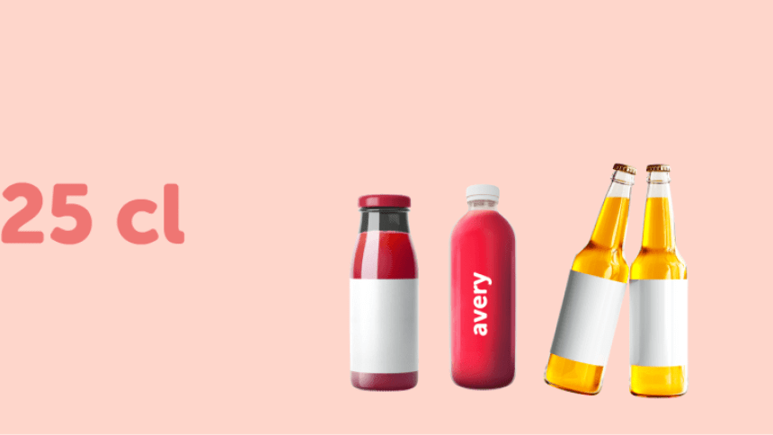 diverse bottiglie in PET e vetro da 25cl con diverse tipologie di etichette applicate