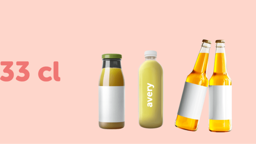 diverse bottiglie in PET e vetro da 33cl con diverse tipologie di etichette applicate