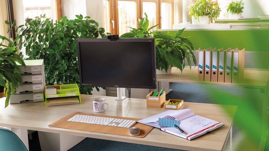 Scrivania con computer, piante, tazza di caffè e quaderni aperti vicino a una finestra con vista su un giardino.