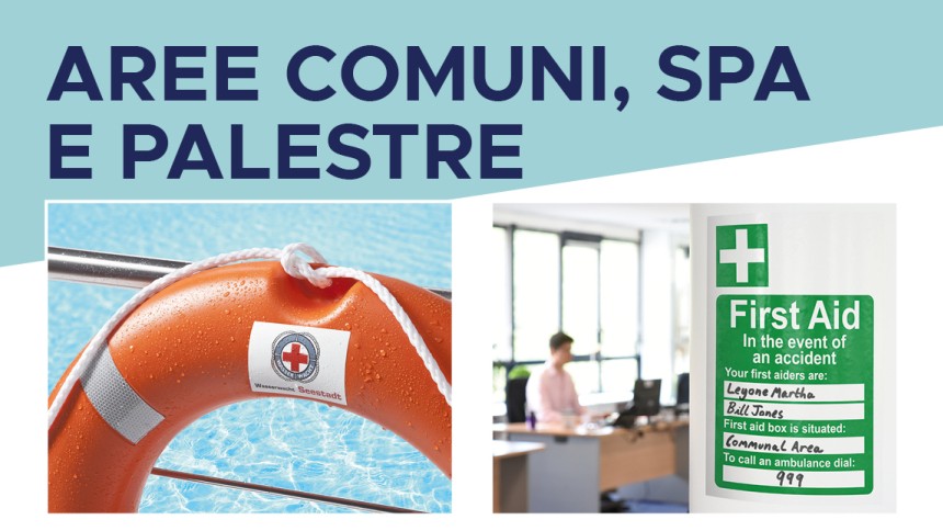 Aree comuni esterne con immagini di cartelli e segnaletica di emergenza