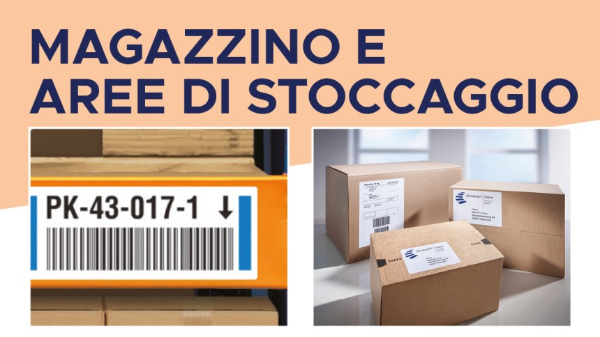 etichette stampata con codice a barre su scaffale e pacchi con etichette adesive stampate