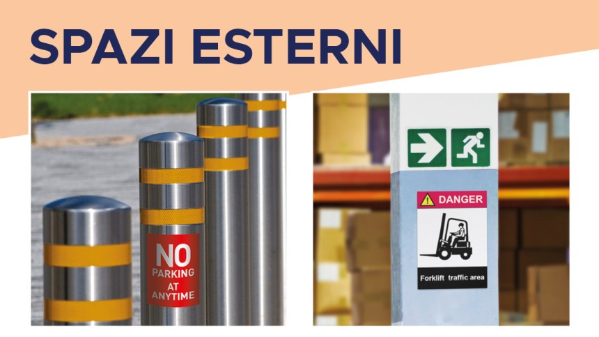 Spazi esterni con immagini di cartelli e segnaletica di emergenza.