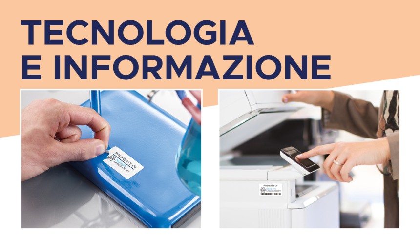 immagine di una mano che applica una etichetta adesiva su diversi strumenti di lavoro