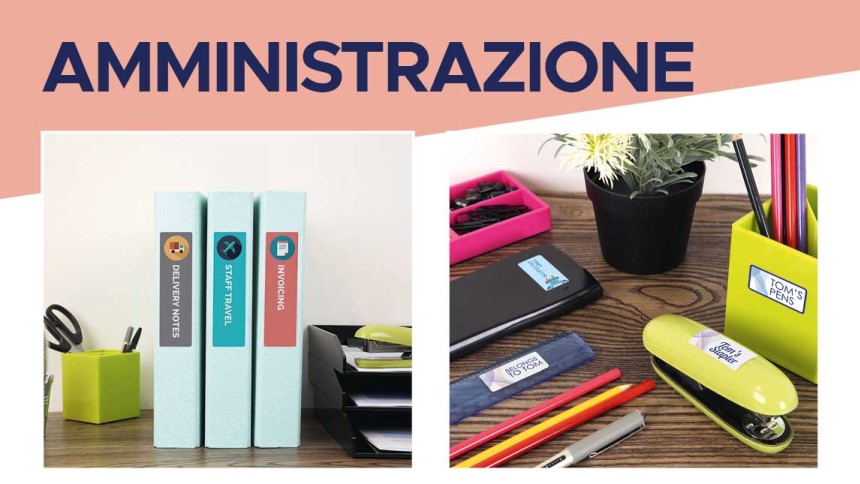 Scrivania con raccoglitori con etichette stampate, penne e altri articoli di cancelleria per l'amministrazione