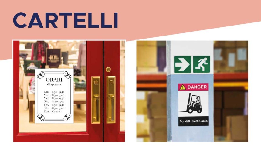 Due cartelli adesivi, uno con un menu di ristorante e l'altro con indicazioni per uscita e ascensore