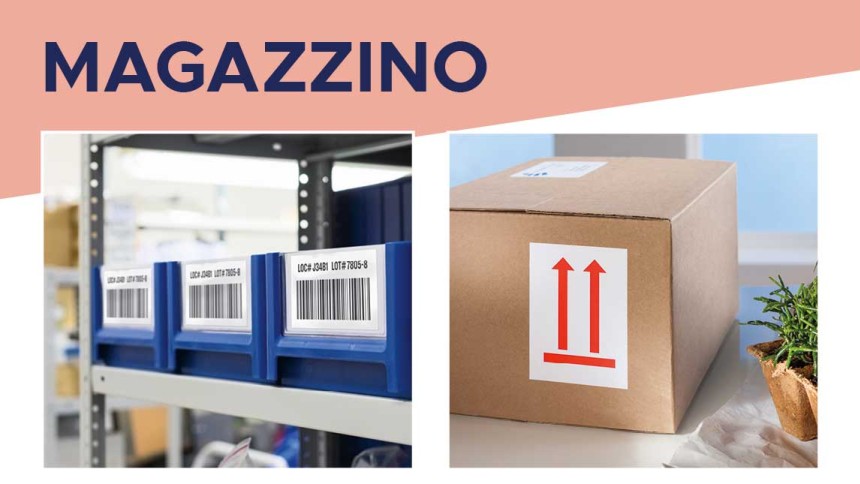 scaffale del magazzino con prodotti etichettati e pacco con stampata le etichetta di tenere verso l'alto