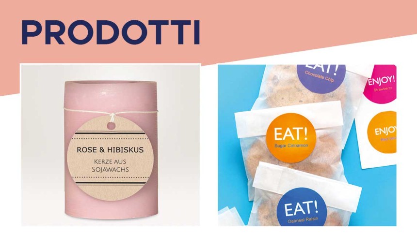 Candela rosa con cartellino rotondo stampato e bustine di cibo con etichette adesivo rotonde stampate