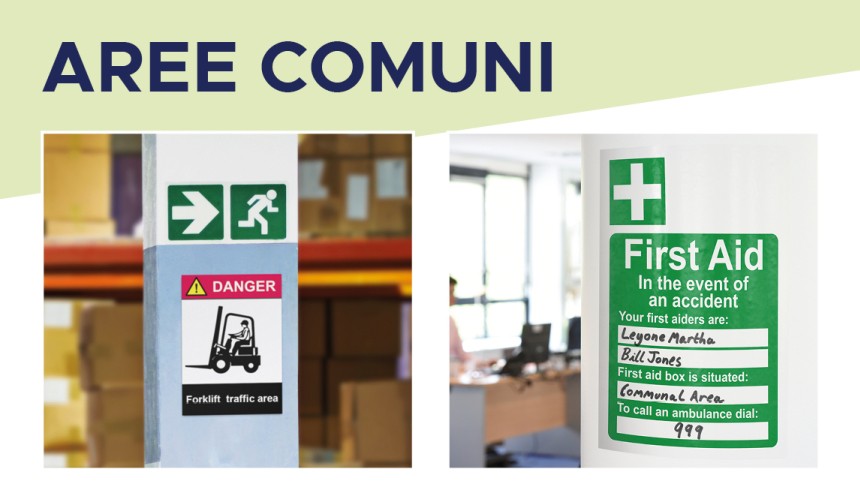 Aree comuni con immagini di cartelli e segnaletica di emergenza.