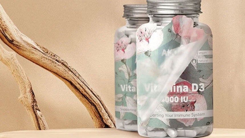 Due bottiglie di integratori di vitamina D3 con applicate delle etichette adesive su uno sfondo beige con un ramo secco.