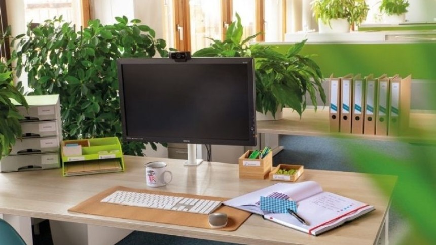 Scrivania con computer, piante, tazza di caffè e quaderni aperti vicino a una finestra con vista su un giardino.