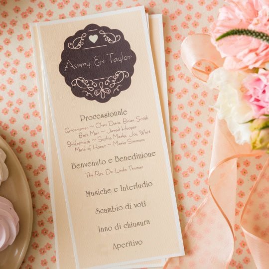 menu del pranzo di un matrimonio