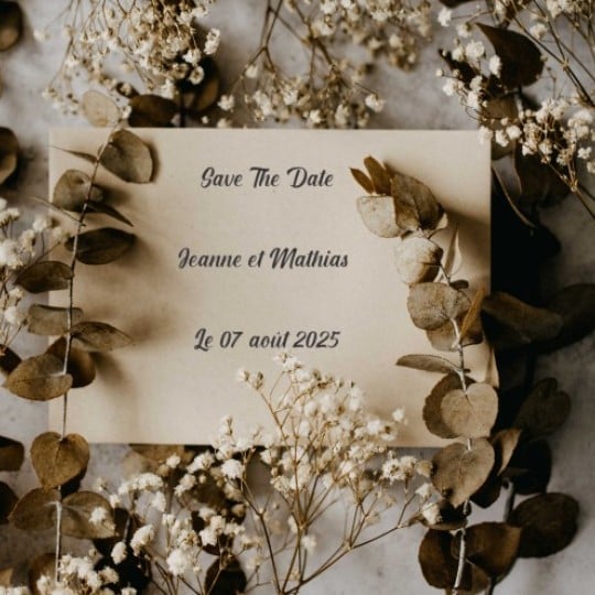 invito stampato con la data del matrimonio su un tavolo con dei fiori