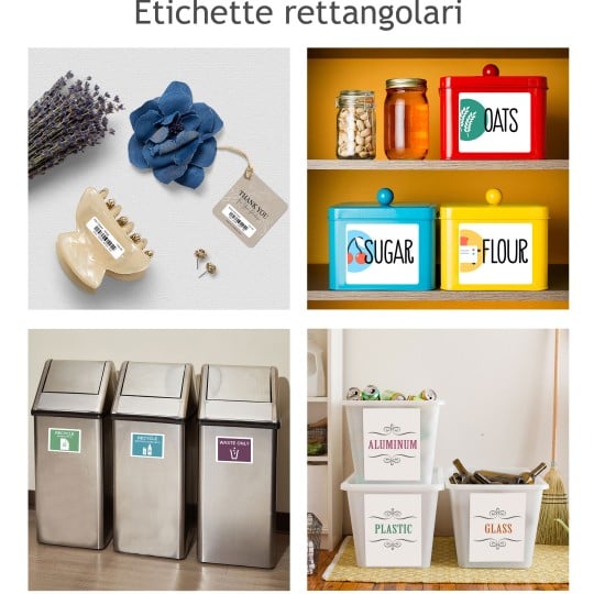 contenitori di vario tipo con etichette adesive stampate con le informazioni sul contenuto