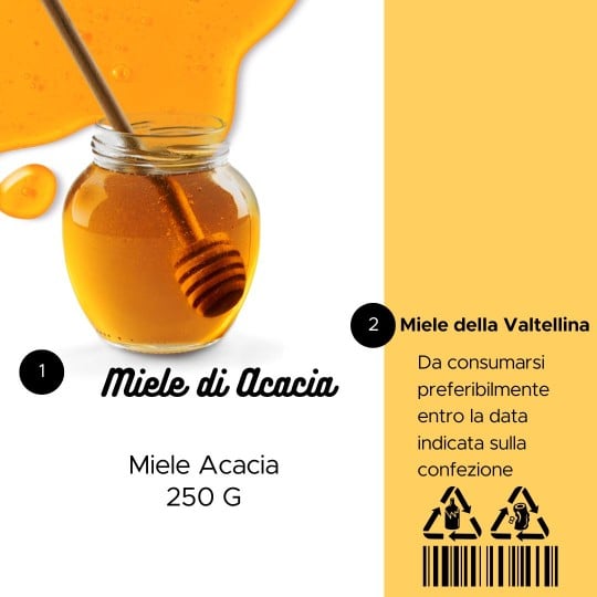 Vasetto di miele con cucchiaio di legno, etichetta adesiva 'Miele di Acacia', peso netto 250 g, avvertenze su come riciclare