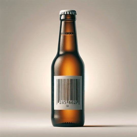 Bottiglia di birra con etichetta adesiva stampata con il codice a barre del prodotto
