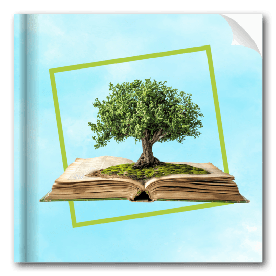 Libro con copertina di un albero che fuoriesce dal libro su sfondo celeste