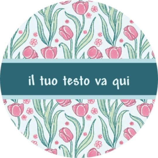 Etichetta rotonda con tulipani stampati sul sfondo