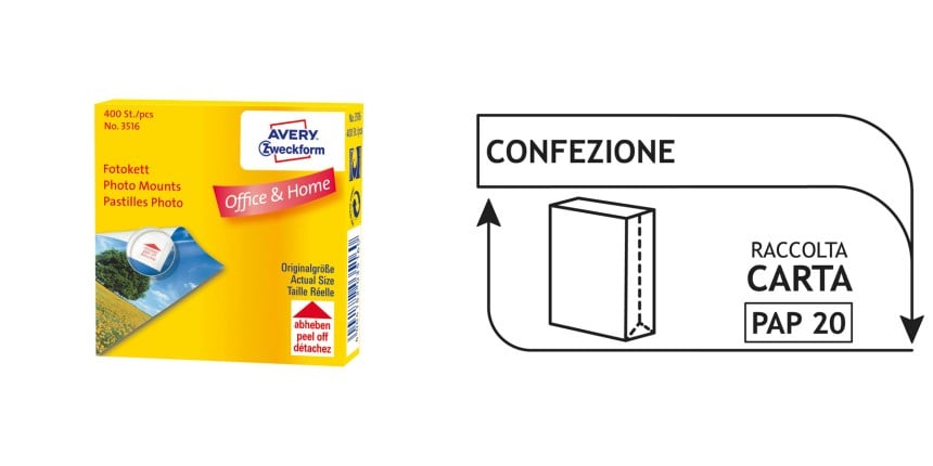 una confezione di biadesivi e le istruzioni di come riciclare la confezione