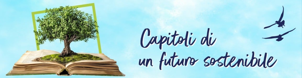 Libro con albero su sfondo celeste con la scritta capitoli di un futuro sostenibile