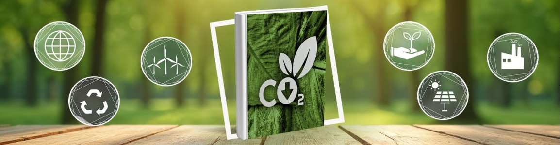 libro con copertina CO2 con icone sostenibilità