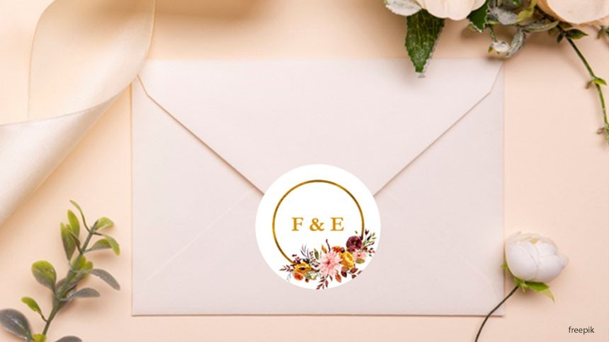 busta dell'invito per il matrimonio con una etichetta rotonda stampata applicata come sigillo