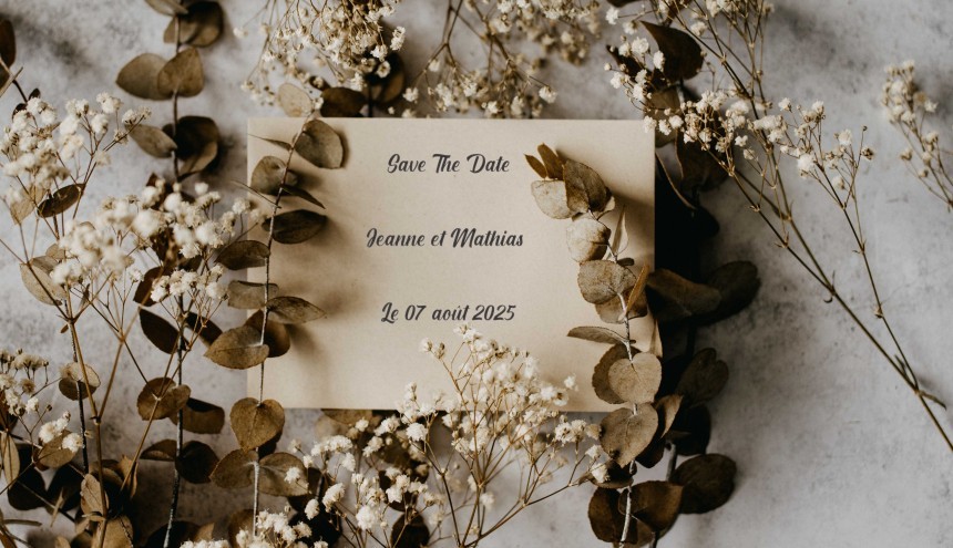 invito stampato con la data del matrimonio su un tavolo con dei fiori