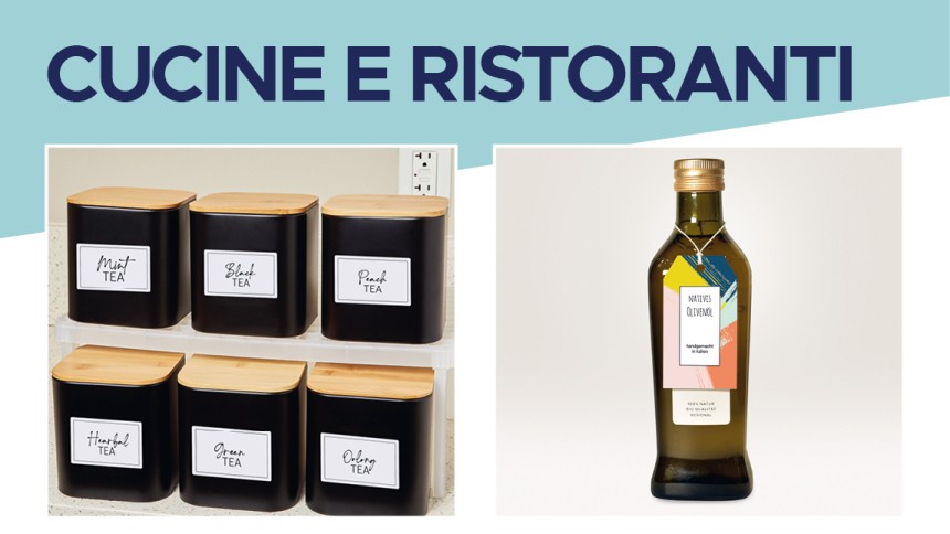 Barattoli di spezie e una bottiglia di olio d'oliva con etichetta su sfondo bianco.