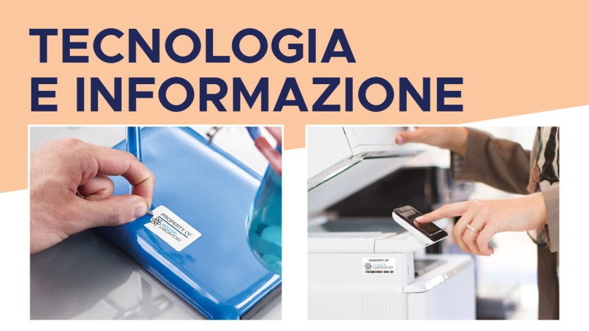 immagine di una mano che applica una etichetta adesiva su diversi strumenti di lavoro