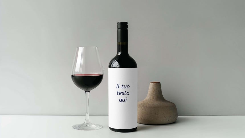 bottiglia di vino con etichetta bianca stampata con accanto un bicchiere di vino