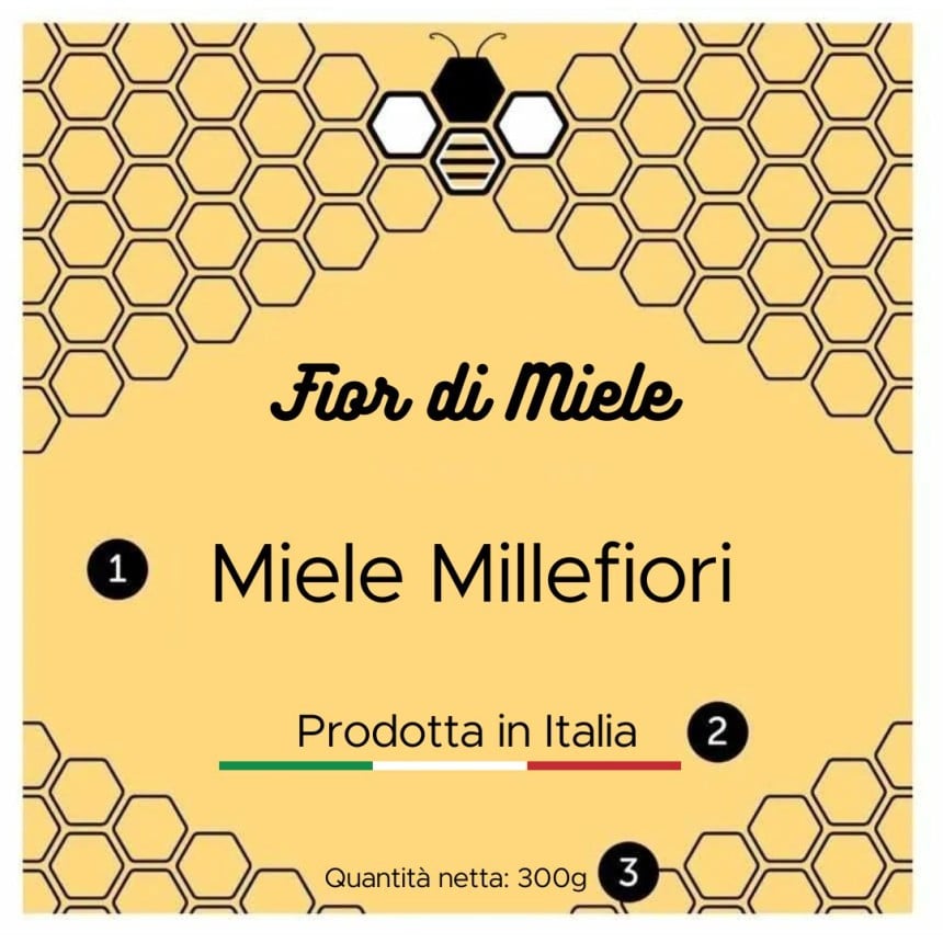 etichetta quadrata con stampate le informazioni obbligatorie per l'etichettatura del miele