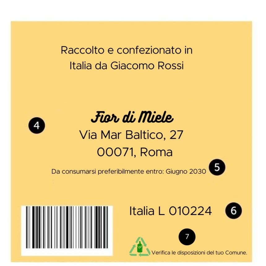 etichetta adesiva con le informazioni obbligatorie per l'etichettatura del miele