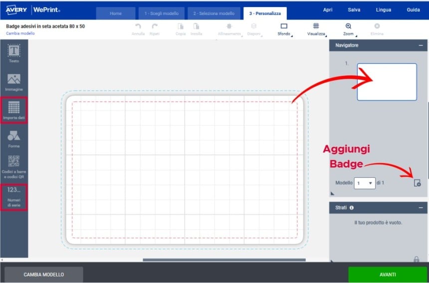 Schermata del software Crea e Stampa che mostra come modificare la grafica dei badge