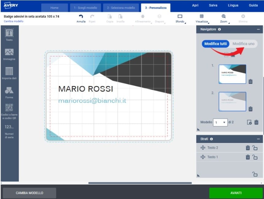 Schermata del software Crea e Stampa che mostra come impostare testi ed immagini su un badge e le opzioni di modifica